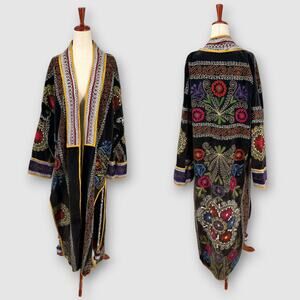Vintage Nomad Suzani Embroidered Velvet Kimono Duster Coat Black Boho Robe